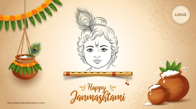 Happy janmashtami matki and bansuri with lord krishna illustration banner post design