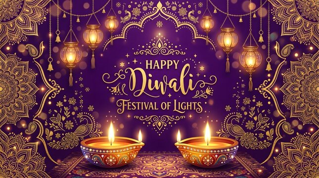 Happy diwali festival of lights background with hanging lanterns, traditional diya lamps, and golden peacock motifs on a deep purple backdrop