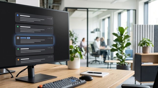 Desktop monitor displaying digital notification bubbles on a wooden desk in a modern bright office
