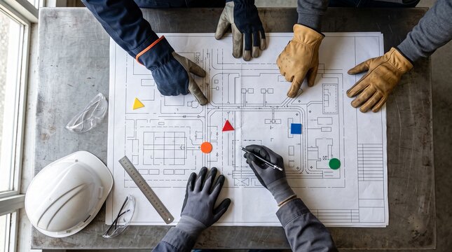 Industrial workers reviewing technical site blueprints on a workbench wearing safety gear.