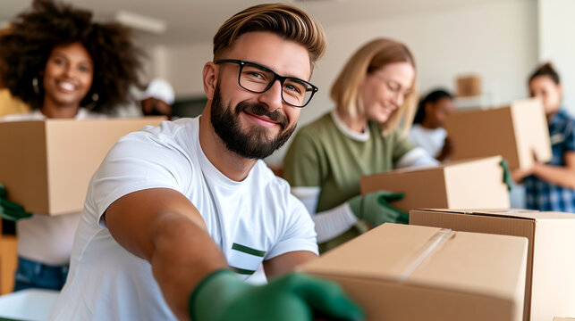 Smiling volunteer stacking donation boxes with diverse team, capturing authentic community charity work and humanitarian teamwork for social advertising.