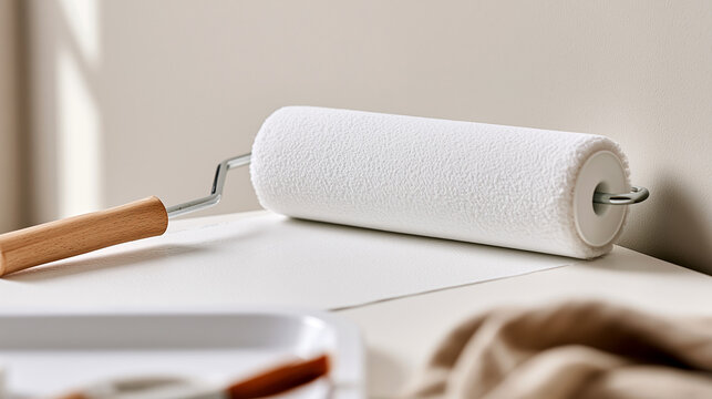 Paint roller with wooden handle applying smooth fresh white coat across wall, capturing tactile texture and hands-on home renovation DIY painting technique.