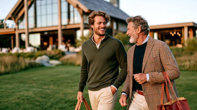 Smiling grandfather and grandson walking together carrying grocery bags outside modern home, capturing warm intergenerational family bond and relaxed lifestyle.