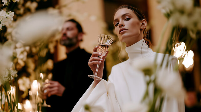 Bride in elegant gown holding crystal wine glass at luxury wedding reception, surrounded by floral decor and warm candlelight, capturing sophisticated celebration styling.