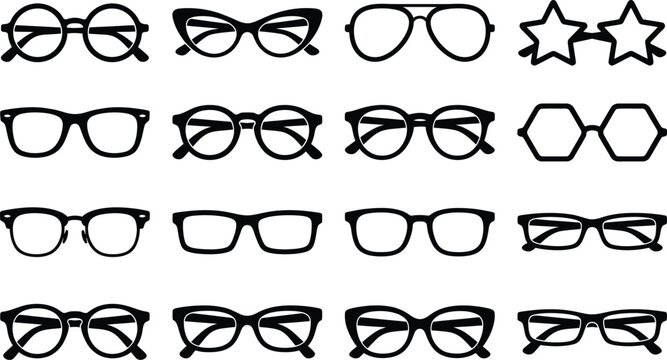 Eyeglasses frame silhouettes vector icon set including cat eye round aviator star and square spectacles shapes