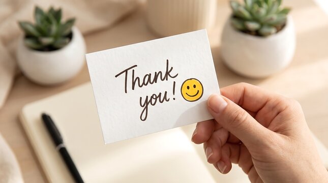 A person holding a small white card with a handwritten thank you note for a thanksgiving holiday message