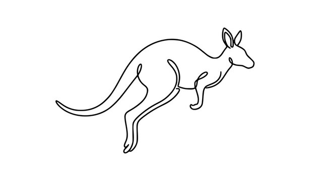 Minimal continuous line drawing of a kangaroo jumping forward with long tail and powerful hind legs