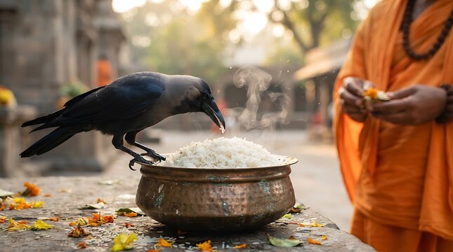Crow eating rice from a copper bowl in a traditional hindu ritual