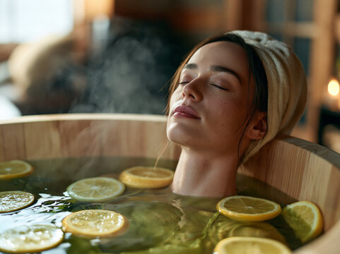 Serene Woman Relaxing in Wooden Hot Tub with Lemon Slices and Steam