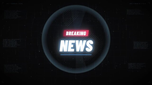 Breaking News title emerges over a digital globe and code interface in a dark broadcast scene, creating urgent cinematic energy for media marketing and news promos