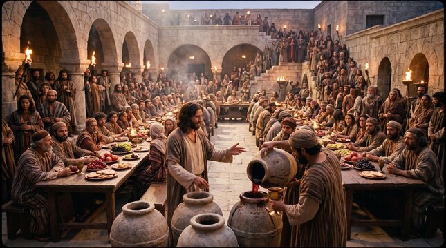 Biblical Parable of the Wedding at Cana: Jesus Christ Turning Water into Wine in an Ancient Crowded Courtyard with Stone Arches and Festive Atmosphere.