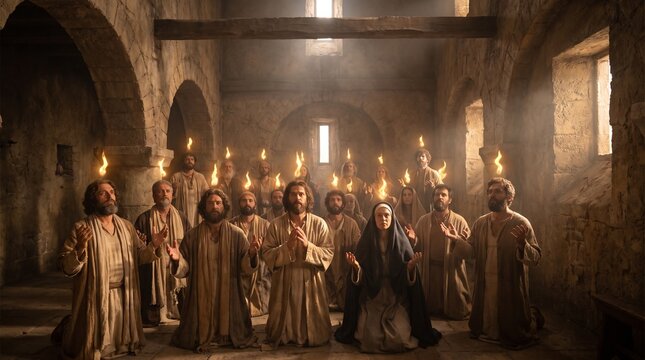 Pentecost Miracle: The Apostles and Virgin Mary Receiving the Holy Spirit as Tongues of Fire in the Upper Room. Cinematic Biblical Illustration of Divine Inspiration and Prayer.
