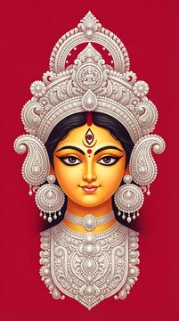Hindu goddess durga face portrait with ornate silver crown and jewelry on red background