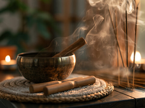 Tibetan Singing Bowl with Burning Incense Sticks and Smoke for Sound Therapy