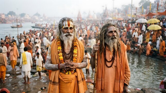 Two sadhus standing on the ghats of varanasi during a religious gathering
