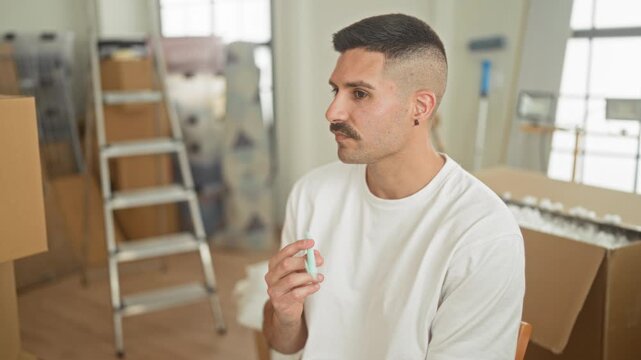Man holding a mint colored cylinder while seated among stacked moving boxes, ladder and bubblewrap in a studio with large windows and packing materials; pensive relocation.