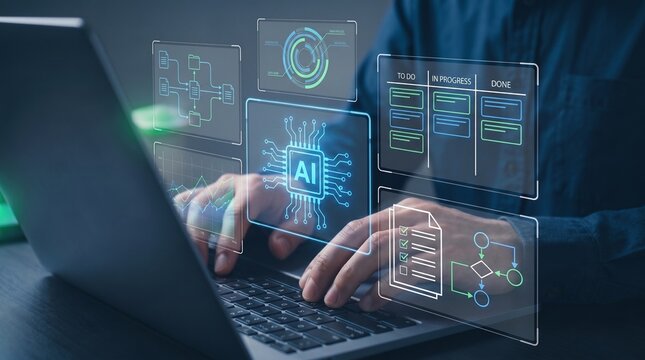 ai automated software development workflow featuring intelligent task management, kanban board tracking, digital checklist interface, and process flow analysis on laptop for programming productivity.