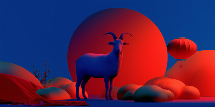A serene goat stands amidst abstract red and blue Chinese New Year landscape