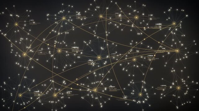 Golden data hubs connect across a complex global network as signals travel between clusters, creating a premium cinematic backdrop for business, analytics, and tech advertising.