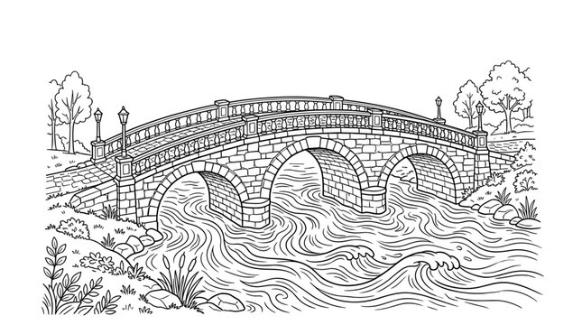 Stone arched bridge over flowing river with lampposts and trees, line art illustration
