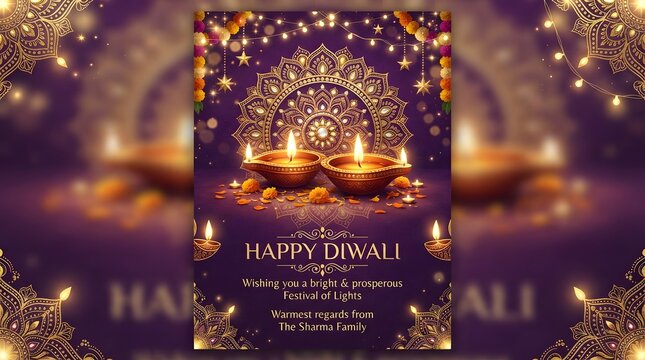 Happy diwali festival of lights greeting card from the sharma family with golden mandala and glowing oil lamps