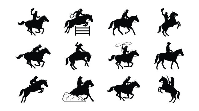 Collection of cowboy and horse silhouettes in various poses, running, jumping, rearing, with lasso