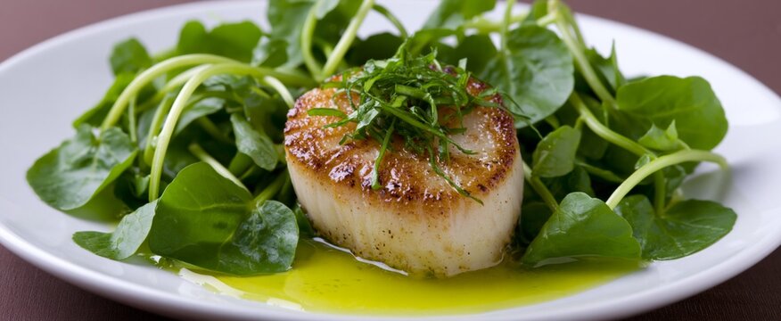 Seared scallop serving on a white plate with fresh watercress and olive oil