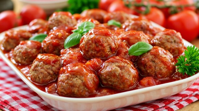 Meatballs stewing in rich tomato sauce and fresh basil, ready to serve
