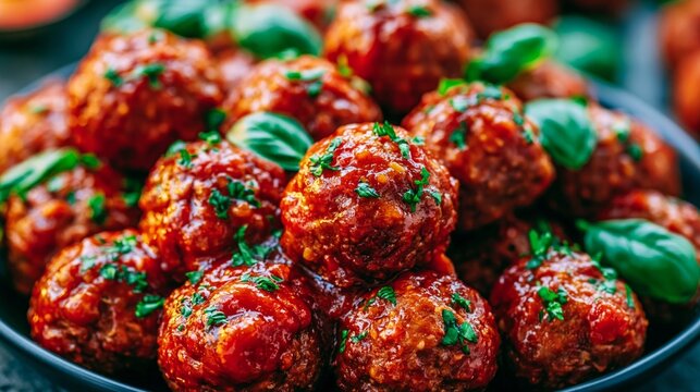 Platter of delicious savory meatballs in rich tomato sauce, garnished with fresh herbs