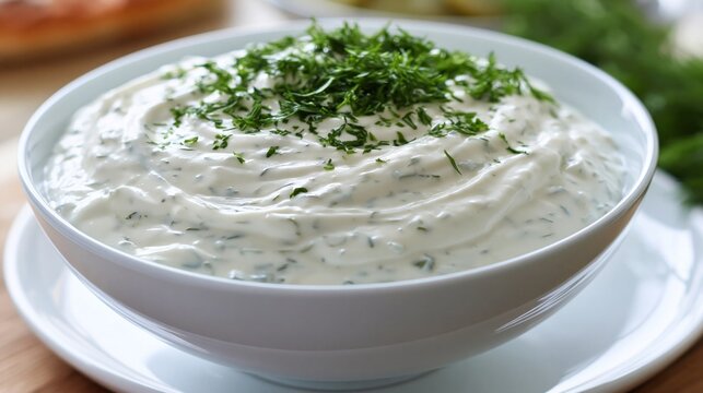 Creamy greek yogurt dip with fresh dill, ready for serving as an appetizer