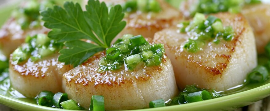 Scallops pan-seared with fresh green onion and parsley, ready to eat