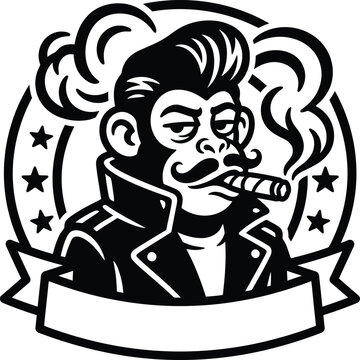 Stylish monkey mascot smoking a cigar in a leather jacket with pompadour hairstyle logo design.