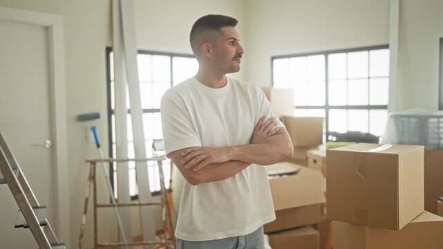 Man standing with crossed arms beside stacked cardboard boxes and a metal ladder inside a bright building, looking to the side during a move; moving day determination.