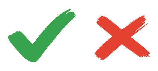 green check mark and red x cross symbol set, rough brush strokes, approval rejection and decision vector illustration © AKTHERRUZZAMAN