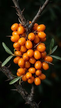 Fresh sea buckthorn berries growing on thorny branch outdoors with macro detail dark background