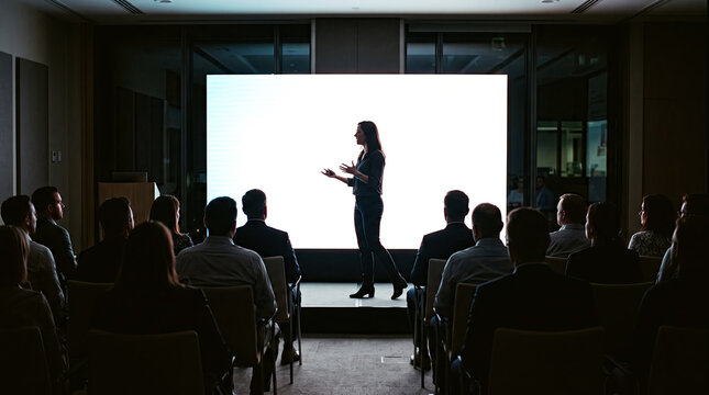 Business woman giving a professional presentation to colleagues in a dark conference room