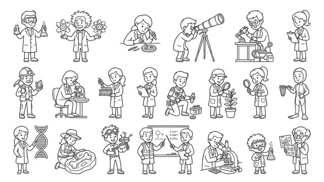 Scientist and Laboratory Career Characters Coloring Page Set Line Art