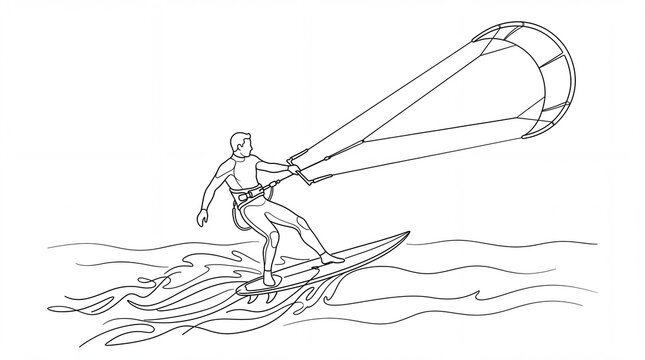 Kite surfer gliding fast across turbulent ocean waves presented as simple black line drawing on white background