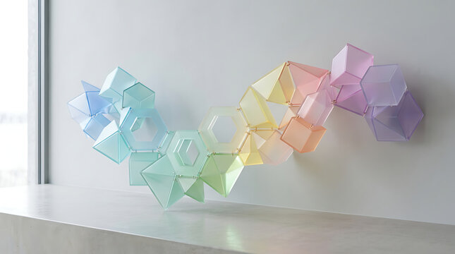 Interlocking Geometric Shapes Forming a Translucent Rainbow Gradient Pattern