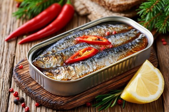 Tinned sardines in oil with red chili pepper slices and lemon on a wooden cutting board