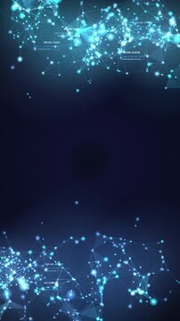 Vertical AI network clusters glow above and below generous copy space as data links pulse softly, creating a cinematic technology background for social media marketing and ads.