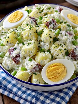 Potato salad serving in a bowl with eggs and chopped greens, ready to eat