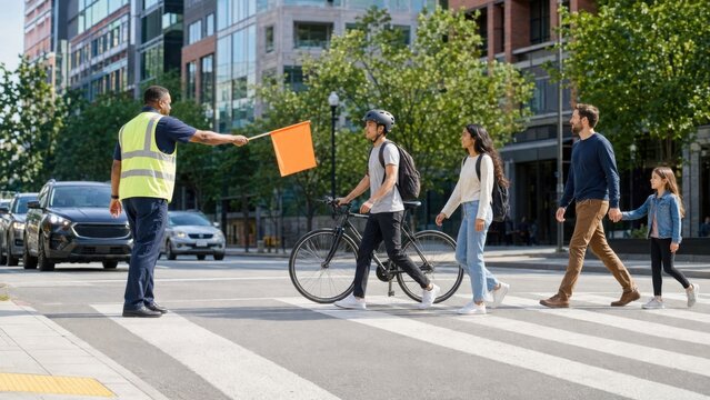 Crossing guard in reflective vest directs pedestrians and cyclist at crosswalk in urban setting with modern buildings and trees in the background