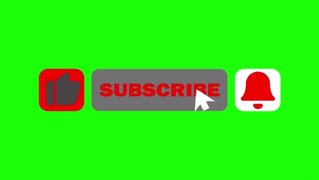 Animated YouTube Subscribe Button with Like and Bell Notification Icons, Video Overlay on Green Screen