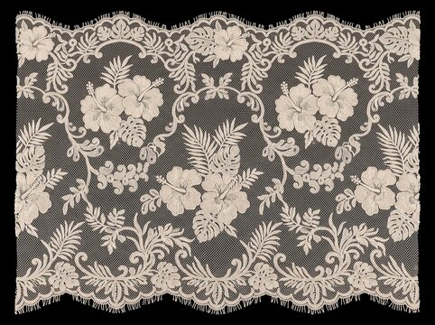 Vintage ivory tropical lace pattern vector illustration with hibiscus flowers and palm leaves border on dark background