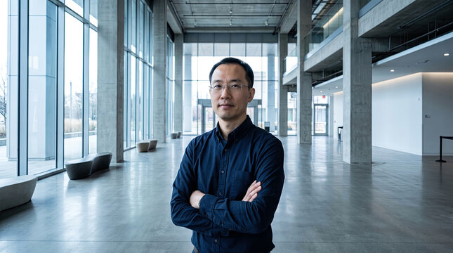 Professional man standing in modern office lobby with arms crossed