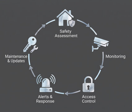 Watercolor circular flowchart for home security and safety monitoring process with camera