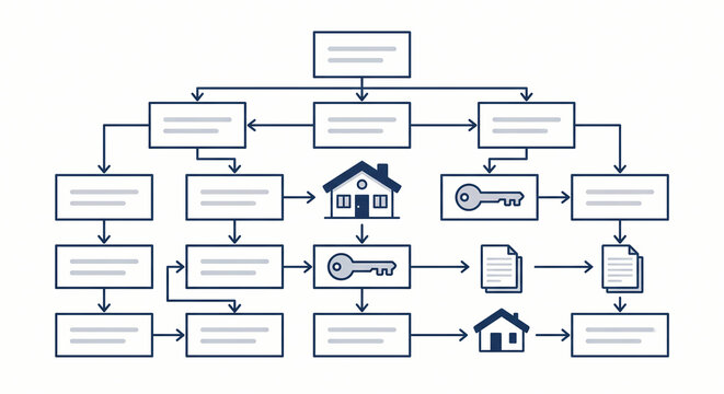 Flat vector decision tree flowchart for real estate inheritance and property contract process with house