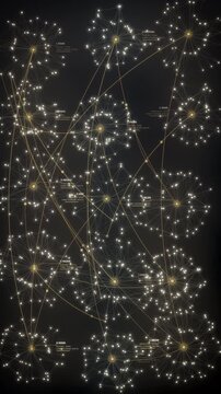 Vertical golden data hubs form an intricate business network as signals move between connected clusters, a cinematic visualization for cybersecurity, analytics, and marketing.