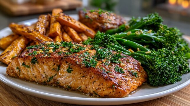Healthy and delicious grilled salmon meal with roasted sweet potato fries and steamed broccolini